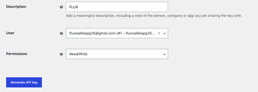 Key details — description Flux, permissions Read/Write, Generate API key