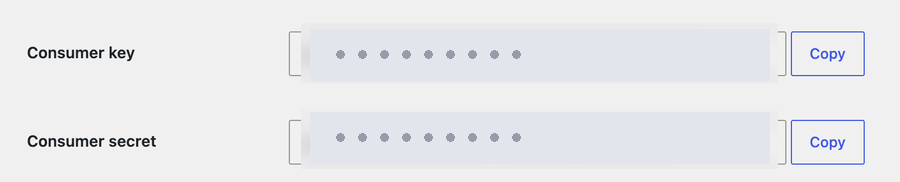 Consumer key and Consumer secret shown after generating