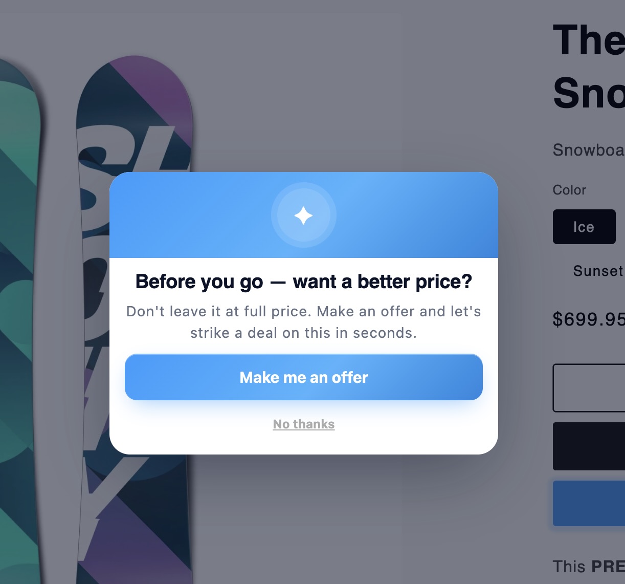 A 'Before you go — want a better price?' pop-up inviting the shopper to make an offer as they leave