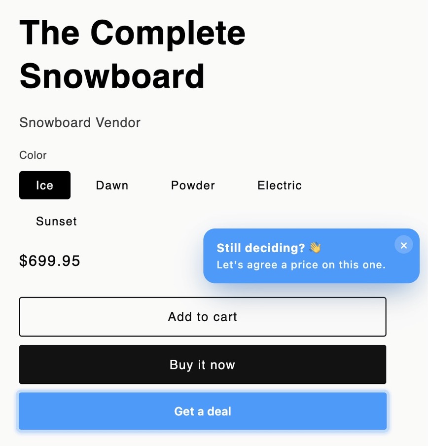 The Get a deal button and a 'Still deciding?' nudge appearing together on a product page