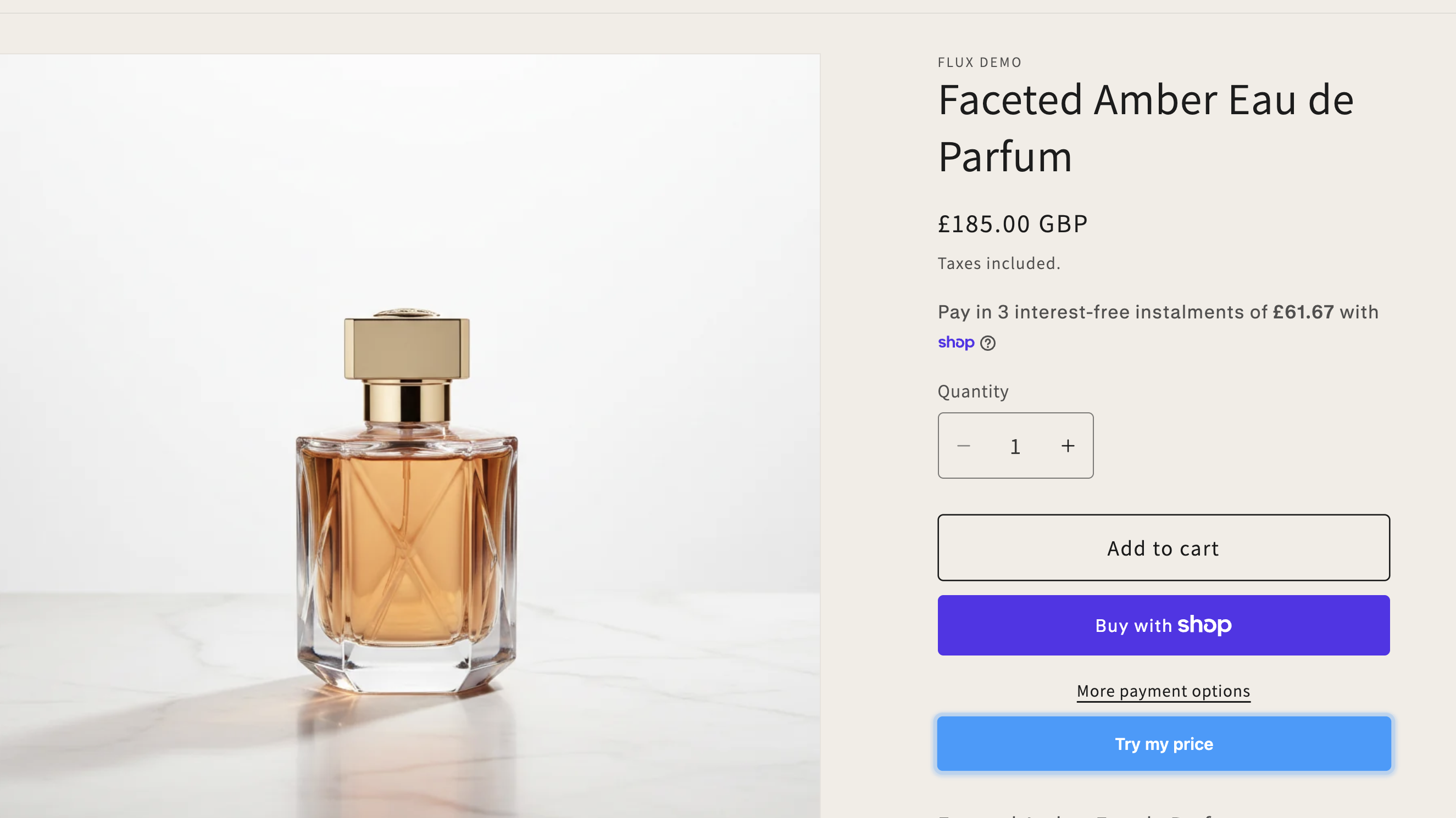 A full-price product page with the Try my price button visible alongside Add to cart